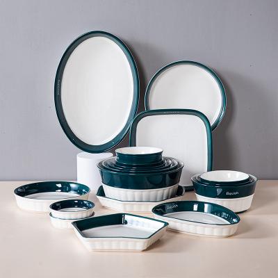 China Disposable Nordic ceramic dinnerware set with dark green edge, special shaped pentagon dish dinner set dinnerware set, dish bowl bakeware for sale