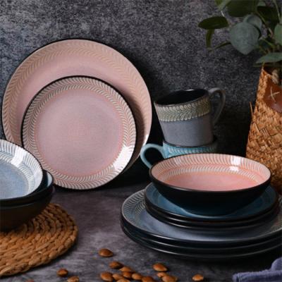 China 16 Piece Disposable Best Selling Two Tone Stoneware Porcelain Earthware Antique Ceramic Reactive Luster Embossed Dinnerware Set for sale