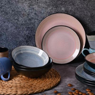 China 16 Pieces Disposable Best Selling Two Tone Stoneware Porcelain Earthware Antique Ceramic Reactive Luster Embossed Dinnerware Set For 8 for sale