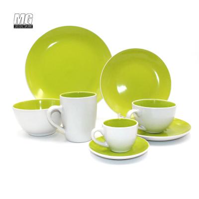 China Wholesale Disposable Ceramic Disposable Nordic Shiny Luster Light Moon Stoneware Dish Set Tableware Set Two Tone White and Green Color for sale