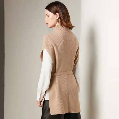 China Anti-Wrinkle Customized High Quality Merino Wool Vest Sleeveless Beige Loose Knitting Sweater For Woman for sale