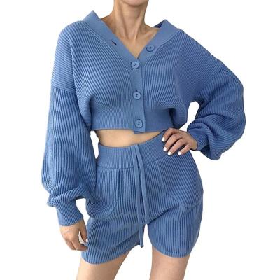 China Custom Anti-Wrinkle Women Knit Cropped Wool Rib Knit Cardigan Sweater 2 Lounge Wear Shorts Pants Two Piece Set for sale