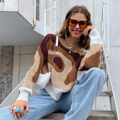 China Anti-wrinkle Autumn Winter Color Block Cloud Pattern Flower Graphic Jumper Loose Sleeve Casual Long Knit Women's Sweater for sale