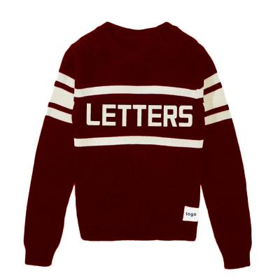 China Anti-shrink Vigor OEM Mens Cotton Custom Crewneck Knitted Sweater Letter Pattern Vintage Stripes Long Sleeve Letterman Sweater for sale