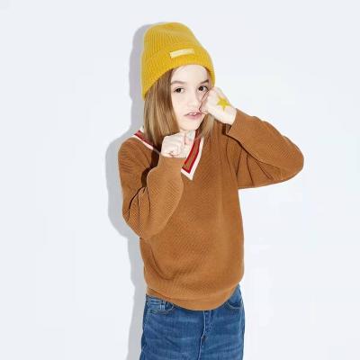 China Breathable Girl Knit Wear Pullover V-Neck Yellow Top Long Sleeve Cotton Sweater for sale