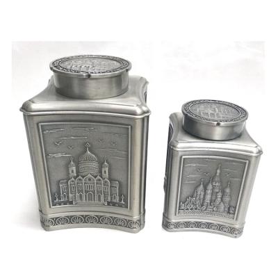 China Tea Square Metal Tea Canister With Castle Pattern In Plated Pewter for sale