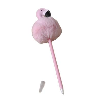 China Amazon Eco-Friendly Hot Sale Flamingo Plush Pom Pom Animal Pen Personalized Ball Pens Colorful Plush Kawaii Ball Pens Student School for sale