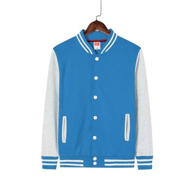 China Cheap Wholesale Custom Made Viable Logo Light Blue Varsity Jackets Winter White Fleece Plain Unisex Baseball Jackets for sale