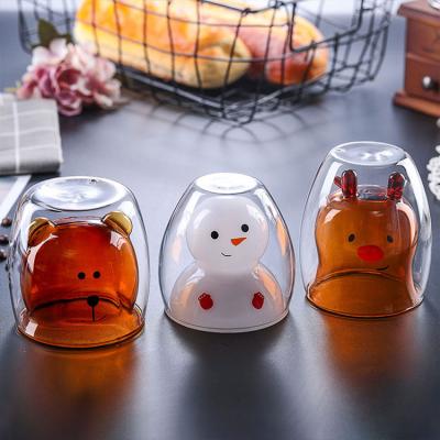 China 240ml Cute Wall Eco-friendly Christmas Bear Snowman Elks Glass Tea Double Mugs Milk Lemon Juice Cup Drinkware for sale