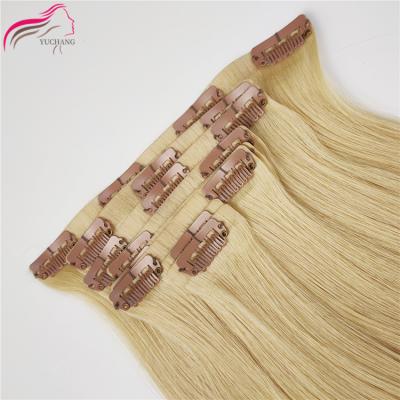 China No Chemical Double Pulled High Quality Clip In Hair Extensioons Hair 100% Cuticle Aligned PU Blonde Seamless Clip In Hair Extensions for sale