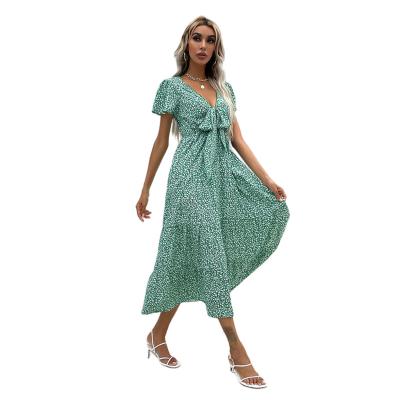 China Summer export foreign trade women's anti-static spring and v-neck short-sleeved green printing dress for sale