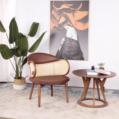 China A Nordic Living Room Furniture Hotel Seat Restaurant Rattan Frame Solid Wood Sofa Chairs Cane Leather PU Cushion One Sofa Chair for sale