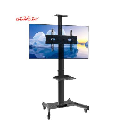 China Adjustable Height Removable Mobile TV Cart Universal Metal Charmount TV Cart Floor TV Mount with Wheels and Commodity Shelf for sale