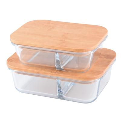 China Sustainable BPA Free Food Grade Rectangle 2 Compartment Glass Takeout Food Container With Bamboo Lid for sale