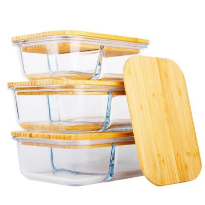 China Sustainable Bamboo Lid 2 Compartment Glass Food Storage Container Set Glass Lunch Box for sale