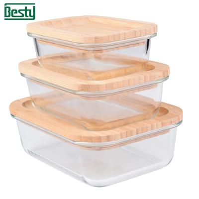 China Viable Reusable Wooden Glass Container Food Storage BPA Free Meal Prep Containers With Bamboo Lid for sale