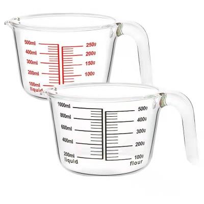 China Kitchen Utensils 250ml 500ml 1000ml Heat Resistant Clear Glass Measuring Cup With Handle Scale for sale