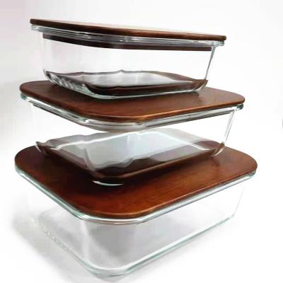 China Microwavable Glass Food Storage Containers With Acacia Lids Set 3 Glass Food Container With Acacia Lid for sale