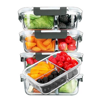 China Bento Box Heatable Glass Food Prep Meal Containers Glass Food Container with Compartment and Lids for sale