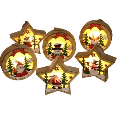 China Plastic Christmas Ornaments Santa Claus Snowman Elk Wooden Hanging Blow Light Round Pentagon for sale