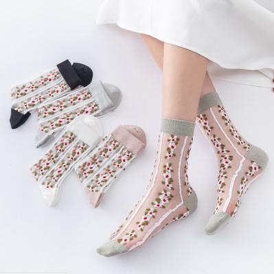 China Central Statistical Antibacterial Korean Floral Glass Harajuku Socks Soft Thin Silk Women's Silk Socks Small for sale