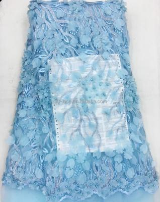 China Water Soluble Dubai 3d French Tulle Lace Fabric Wholesale Dubai Lace J730-2 Aqua for sale