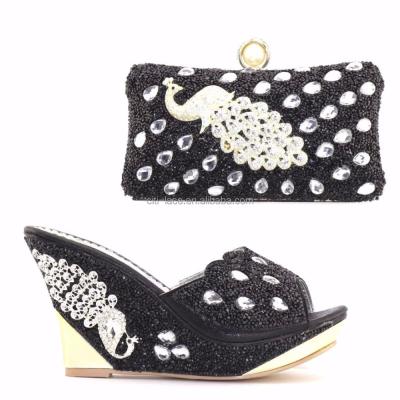 China New Style Bridal Shoes Women Shoes Match Bag Set Rhinestone Slipper With Bag Black Color SB802-4 for sale