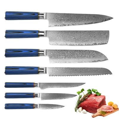 China Viable Professional Luxury Chefs Knife 7Pcs Vg10 67 Layers Damascus Steel Kitchen Knife Set Chef Knife With Blue G10 Handle for sale