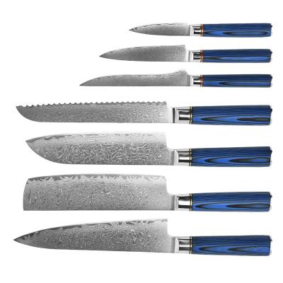 China Viable Professional 7Pcs Damascus Knife Set Professional Steel Kitchen Knife Set Chef Bread Slice Utility Paring Knives With Blue G10 Handle for sale