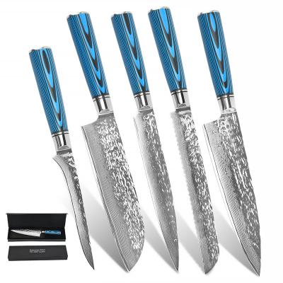 China Sustainable Luxury 5Pcs VG10 67 Sets Damascus Steel Knife Set Restaurant Chef Kitchen Knives Set With Blue G10 Handle Customized for sale