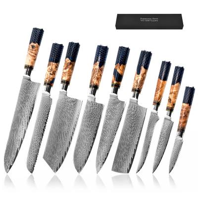 China Viable Professional 9Pcs Vg10 67 Sets Damascus Steel Knife Set Chef Kitchen Knives Resin Handle Set For Cooking for sale