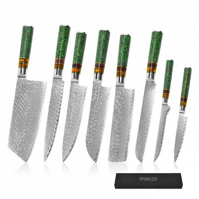 China Viable Professional 8Pcs Knife Set Damascus 67 Layers Knife Kitchen Set Sharp Knife Sets For Chefs With Resin Handle for sale