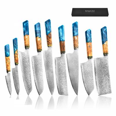 China Viable Chef Knife Damascus Steel Japanese 9Pcs Damascus Vg 10 Knife Sets Kitchen Knife Set With Resin Handle for sale