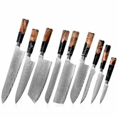 China Wholesale 9Pcs Viable Professional Chef Knife Sets Damascus Steel Knife Set Kitchen Chef Utility Fruit Paring Knife With Resin Handle for sale