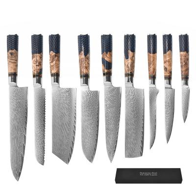 China Viable Professional 9Pcs Vg10 67 Lays Damascus Steel Chef Kitchen Knives Knife Set Set With Colored Aluminum Honeycomb Resin Handle for sale