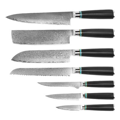 China Viable 2023 Professional 7Pcs Damascus Steel Knife Set Kitchen Knives Set Sharp Chef Knife Set With Ebony Round Handle Restaurants for sale