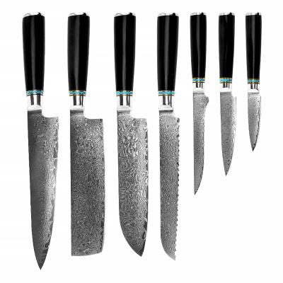 China Customized Hot Selling 7Pcs Viable 67 Sets Damascus Steel Knife Set Restaurant Chef Kitchen Knives Set With Ebony Handle for sale