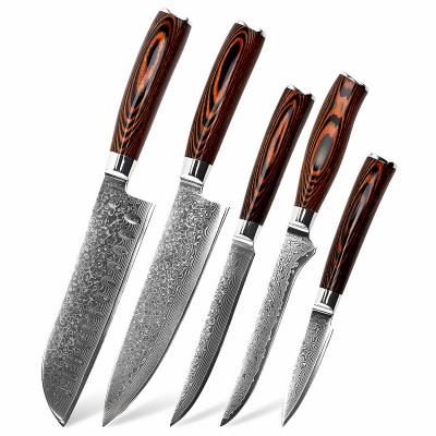 China Viable Unique 5PCS Damascus Pattern Blade Knives Set Damascus Knife Kitchen Steel Paring Knives For Sale for sale