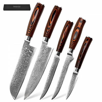 China Durable Professional 67 Layers 5Pcs Damascus Knife Set Cooking Chef Handmade Kitchen Knives Set With Pakka Wood Handle for sale