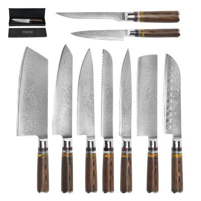 China Sustainable Hot Sale 9Pcs Damascus 67 Layers Knife Set Restaurants Chef Knife Set Cooking Tools Kitchen Knives Set With Pakka Wood Handle for sale