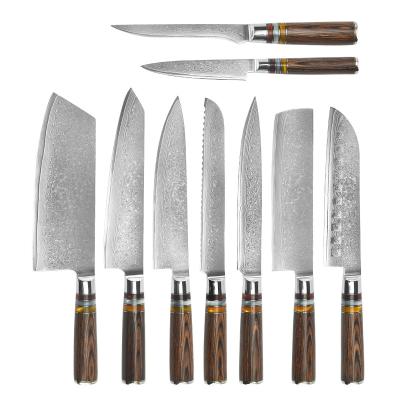 China Viable Professional 9Pcs Vg10 67 Sets Damascus Steel Knife Set Sharp And High Hardness Chef Kitchen Knives Set With Pakka Wood Handle for sale