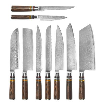 China Factory Viable Sales 9Pcs vg10 67 Layers Damascus Kitchen Knives Set Restaurants Chef Knife With Pakka Wood Handle for sale