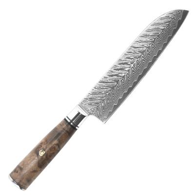 China 7 Inch Professional Viable 67 Layers Damascus Steel Kitchen Knives Sharp Santoku Knife Chef Knife With Stabilized Wood Handle for sale