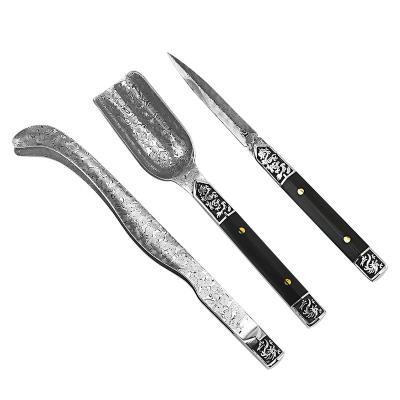 China Stocked 3PCS Damascus Tea Steel Straight Knife Set Tea Set Accessories Tea Tool Kit With Ebony Handle for sale