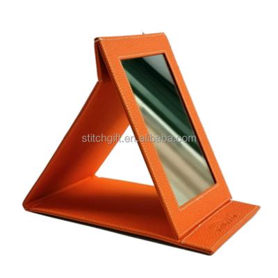 China Desktop Mirror Custom PU Leather Fold Cosmetic Mirror For Desk Makeup Mirror Embossed Logo for sale