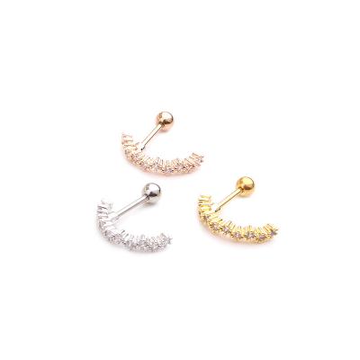 China CLASSIC 18K Gold Plated Curved CZ Cartilage Stud Helix Rook Conch Screw Back Earring Stainless Steel Ear Piercing Jewelry for sale