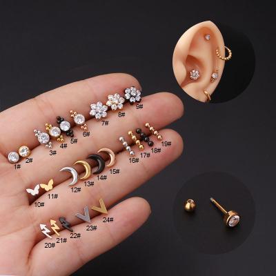 China Stainless Steel 1PC Full Small Cartilage Stud Earring Zircon Helix Tragus Conch Screw Back Earring CLASSIC Stainless Steel Piercing Jewelry for sale