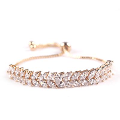 China Wholesale Classic Crystal Chain Zircon Leaf Shape Cubic Zirconia Jewelry Design Gold Adjustable Bracelet Lead Free Nickel Free CZ for sale