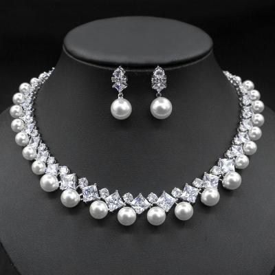 China CLASSIC AAA High Quality Bridal Women's White Zirconia Pearl Earrings Necklace Sets For Wedding Jewelry for sale