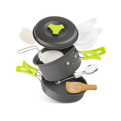 China Outdoor Camping Raising Travel Portable Tableware Cooking Non Stick Cookware Set Pan Pot Bowl Spoon Fork for sale